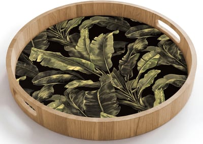 Dienblad rond 40x40 cm - Schootdienblad hout - Botanisch - Bladeren - Groen - Borrelplank rechthoek - Plateau houten dienbladen