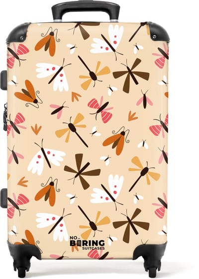 NoBoringSuitcases.com® - Kinderkoffer meisje - Kindertrolley meisjes - Insectenpatroon in beige, roze en oranje - Koffer kind groot - Rolkoffer lichtgewicht - Reiskoffer met 4 wielen - Grote trolley XL - 20 kg bagage