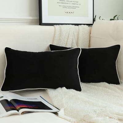 Set van 2 Zwarte Velours Lendenkussens met Witte Touwrand voor Sofa en Slaapkamer Decoratie, 32 x 50 cm, Modern en Minimalistisch Design