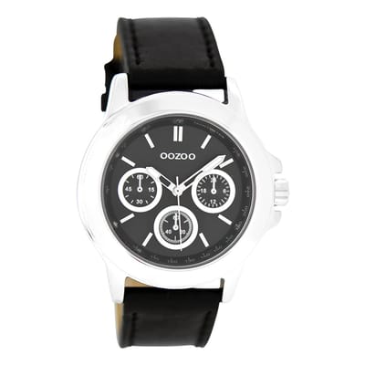 OOZOO Timepieces - Zilverkleurige horloge met zwarte leren band - C6189