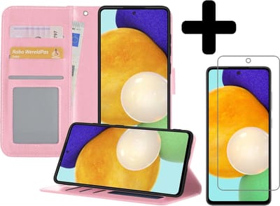 Hoesje - Met Screenprotector - Geschikt voor Samsung Galaxy A52 5G - Luxe Pasjeshouder - Bookcase Portemonee - Flip Case - Kunstleer Book Case - Flipcase - Book Cover - Walletcase - Portemonneehoes - Telefoonhoesjes - Lichtroze