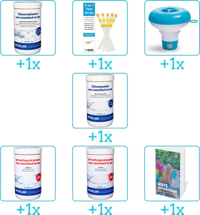 Zwembad Onderhoudspakket - Onderhoud Zwembad - bevat Chloor - Testrips - Chloordrijver - Chloor - PH-min - PH-plus en Zwembadgids (7-delig)
