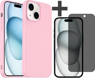 Hoesje met Privacy Screenprotector Geschikt voor iPhone 15 Hoesje Siliconen - liquid case - Arara Backcover - Roze