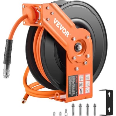 VEVOR persluchtslanghaspel, 9,52 mm x 15,24 m hybride luchtslang, max. 300 PSI, slanghaspel met automatische oprolfunctie en netsnoer, voor plafond-/wandmontage en 180° draaibare beugel