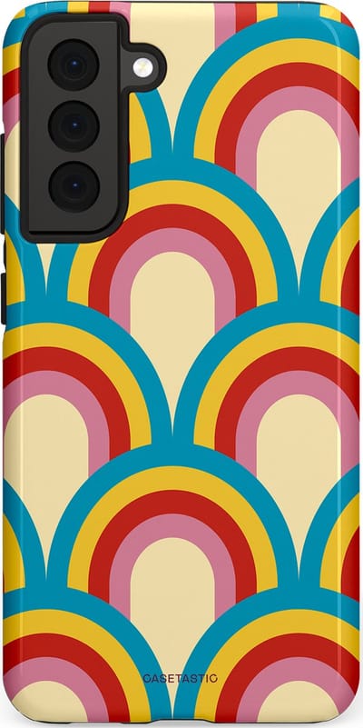 Casetastic hoesje geschikt voor Samsung Galaxy S21 FE 5G - Dubbellaagse bescherming - Retro regenboog - Fashion Case - Lichtblauw Crème Goud Rood
