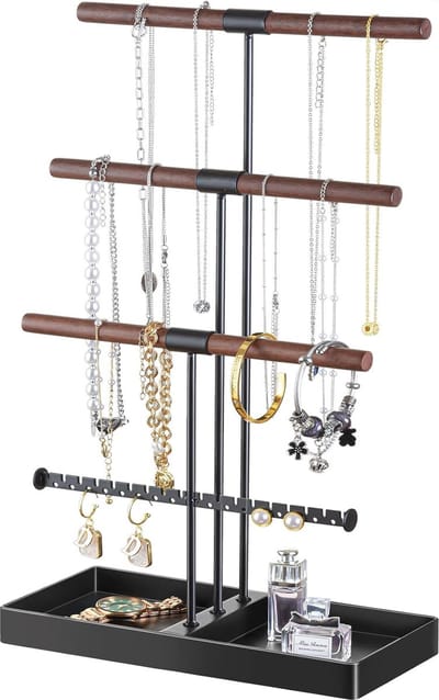 Sieradenstand Organizer voor Kettingen, Armbanden en Oorbellen - 4 Tiers Metalen Display met Dienblad