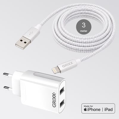 Oplader iPhone met Lightning naar USB-A kabel - Grixx - MFi - 3 meter - Wit