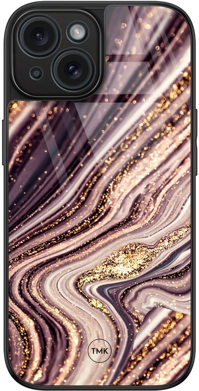 Hoesje geschikt voor Apple iPhone 15 - Golden pink marble - Roze - TPU luxe case (glossy toplaag) - Marmer - Hardcase backcover zwart