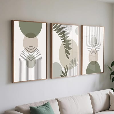 Famanu – Set van 3 muurdecoraties in sage groen - canvas prints - boho-Japandi stijl voor woonkamer - slaapkamer of modern interieur - 40 x 60 cm