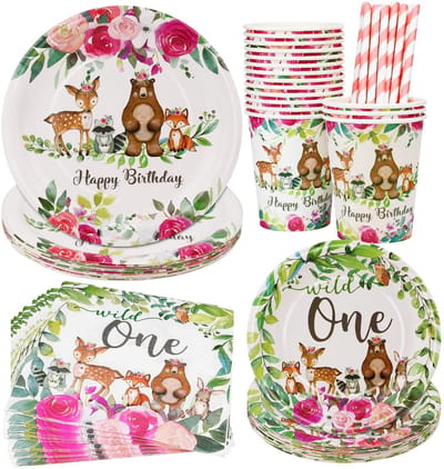 Cosensi - Wild Birthday Party Accessoires - Verjaardagsfeest - Set voor 16 Gasten - Bosdieren Thema - Feestservies - Geschikt voor Kinderen - Compl...