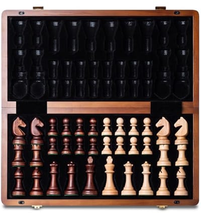 Houten Vouwbare Schaak- en Damset 38 cm - Walnoot Houten Doos met Inlegwerk