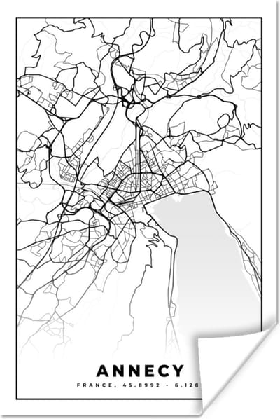 Poster Stadskaart - Annecy - Plattegrond - Kaart - Frankrijk - Zwart wit - 120x180 cm XXL