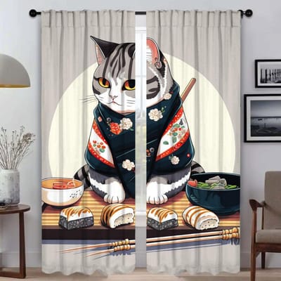 Elegante Kamergordijnen 2 Stuks Sushi Kat Shades Woonkamer Gordijn Tule voor Slaapkamer Huis Interieur Gordijnen Scheidingswand Keuken W50xH70cmx2pcs-CL