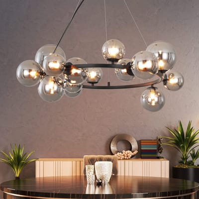 NETTLIFE Hanglamp G9 - 14-Lichts - Glas - Rookgrijs - Modern Pendellamp - Eetkamerlamp - Kroonluchter met Glazen Bol - voor Eetkamer | Hal | Woonkamer | Trappenhuis-excl. lichtbron