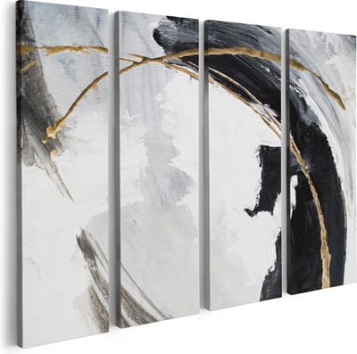 Artaza Canvas Schilderij Vierluik Abstracte Kunst - Wit met Zwart en Goud - 80x60 - Foto Op Canvas - Canvas Print