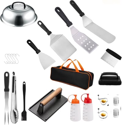 Complete 23-delige barbecue-bestekset met accessoires zoals spatel, vleessnijder en grillgereedschap voor buitengebruik