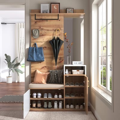 MODFU Kapstokset 105x40x190,5 cm van MDF en spaanplaat, met spiegel en schoenenkast, wit/hout