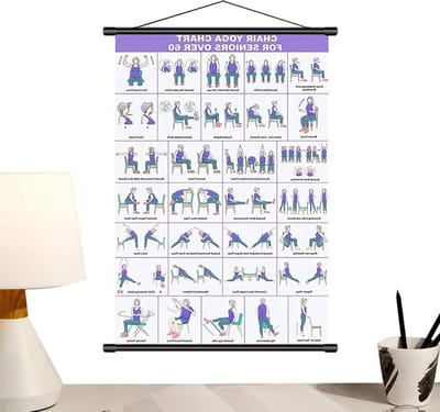 Stoel Yoga Wandkaart - Oefengids Pilates - Thuis Fitness - Meer dan 30 Houdingen - 40 x 60 cm - Paars