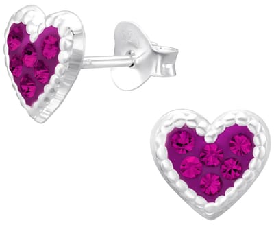 Joy|S - Zilveren hartje oorbellen - 8.2 x 7.5 - fuchsia roze met roze kristalletjes - sierlijk afgewerkt randje - kinderoorbellen