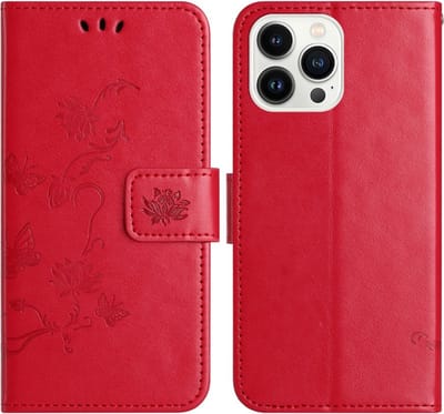 Coverup Hoesje - Geschikt voor iPhone 16 Pro Hoesje - Coverup Bloemen & Vlinders Book Case - Rood