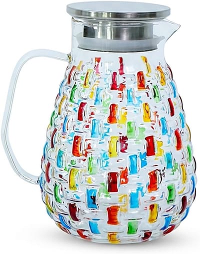 Kleurrijke Handgeschilderde Glazen Kruik met RVS Deksel - Waterkan, Iced Tea Pitcher en Sapkaraf voor 1500ml Dranken