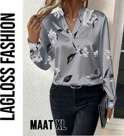 LaGloss® Zilvergrijze Dames Blouse met Bloemenprint en V-Hals – Satijnlook – Zomer/Lente/Herfst/Winter – Klassiek – Maat XL
