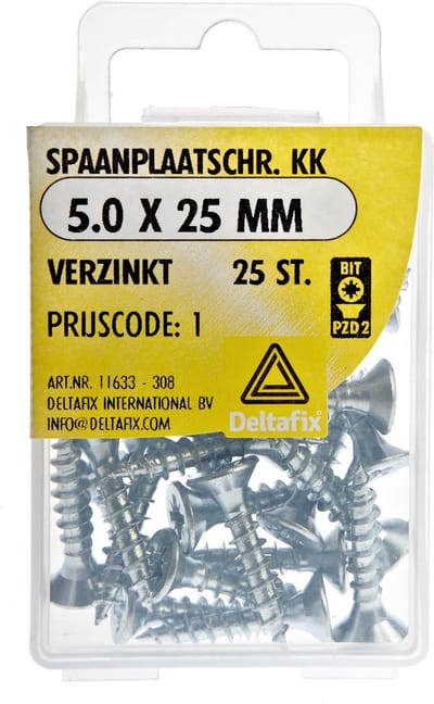 Houtschroef. 5.0 x 25mm. Lang. Platkop- Kruiskop. Verzinkt. 25 Stuks spaanplaatschroeven. Deltafix.