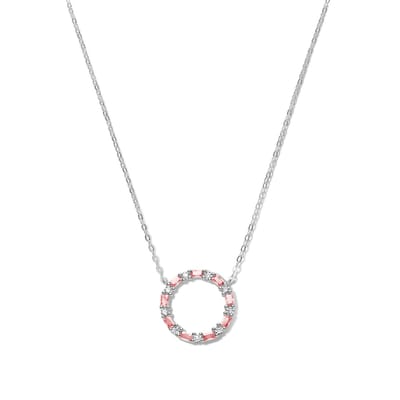 New Bling 9NB-1062 Zilveren Ketting met Zirkonia Hangertje Cirkel - 18mm Doorsnee - Roze Wit - 40+5cm - Rhodium - Zilver