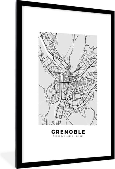 Fotolijst incl. Poster - Frankrijk - Plattegrond - Kaart - Grenoble - Stadskaart - 60x90 cm - Posterlijst