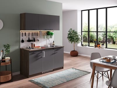 Goedkope keuken 150 cm - complete kleine keuken met apparatuur Oliver - Donker eiken/Grijs - elektrische kookplaat - koelkast - mini keuken - compacte keuken - keukenblok met apparatuur
