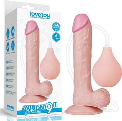 LoveToy - Super grote spuitende Dildo Ø 35 mm, 23 cm lang met ballen en zuignap