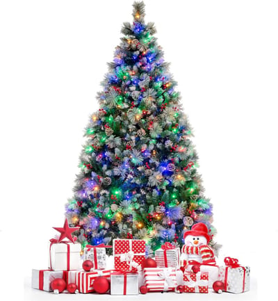 COSTWAY Kunstkerstboom met ledverlichting, 180/210 cm, met dennenappels, rode bessen en metalen standaard, 11 lichtmodi, pvc-kunstboom voor Kerstmis, groen + wit (210 cm)
