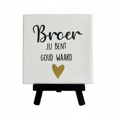 Snoes | Tegeltje "Broer Jij Bent Goud Waard" inclusief schilders ezeltje zwart - Uniek Cadeau voor je Broer | Wit Keramiek met Mat Gouden Hartje