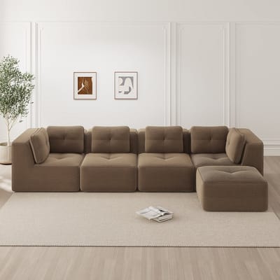 DESMIU Hoekbank 386 x 177 cm - Modulaire 4-Zits Met Diepe Zitting En Antislip - Voor Woonkamer En Lounge - Cordstof - Bruin