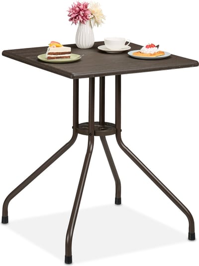tuintafel vierkant - 75 x 61 x 61 cm - balkon - tafelblad met houtlook - stalen onderstel - bruin