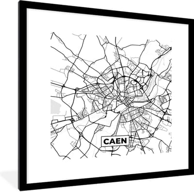Fotolijst incl. Poster Zwart Wit- Stadskaart - Frankrijk - Kaart - Plattegrond - Caen - Zwart wit - 40x40 cm - Posterlijst
