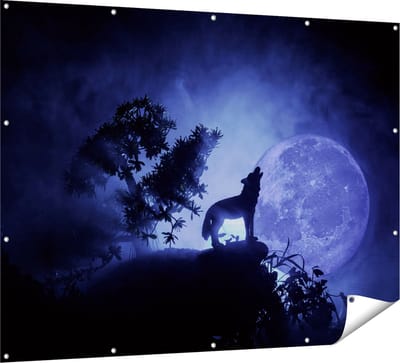 Gards Tuinposter Huilende Wolf in Silhouet bij Volle Maan - 160x120 cm - Tuindoek - Tuindecoratie - Wanddecoratie buiten - Tuinschilderij