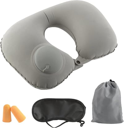 Opblaasbaar reiskussen met oogmasker en oordopjes - Comfortabel en compact voor onderweg