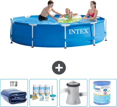 Intex Rond Frame Zwembad - 305 x 76 cm - Blauw - Inclusief Solarzeil - Onderhoudspakket - Zwembadfilterpomp - Filter - 5-delig