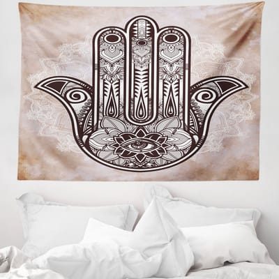 ABAKUHAUS Hamsa Wandtapijt en Sprei, Mystieke Mandala Oosterse stijl, 150 x 110 cm, Bruin en Crème