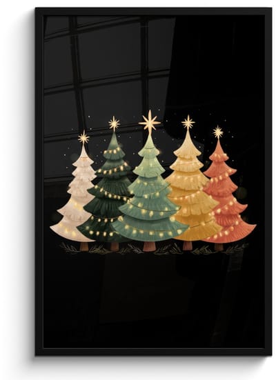 Poster in lijst - Fotolijst 60x90 cm - Posters - Kerstbomen - Kleurrijk - Lichtjes - Ster - Posterlijst zwart - Decoratie - Wanddecoratie woonkamer - Muurdecoratie slaapkamer - Kerstversiering - Kerstdecoratie voor binnen - Kerstmis