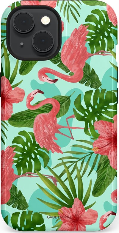 Casetastic hoesje geschikt voor Apple iPhone 15 - MagSafe - Dubbellaagse bescherming - Flamingo jungle - Fashion Case - Mintgroen Koraal