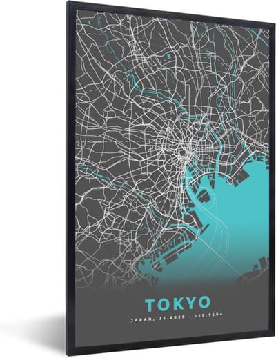 Fotolijst incl. Poster - Tokyo - Stadskaart - Blauw - Plattegrond - Kaart - 40x60 cm - Posterlijst