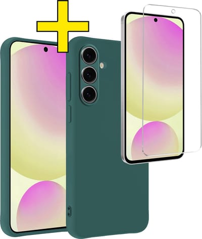 Hoesje - Met Screenprotector - Geschikt voor Samsung Galaxy S24 FE - Sterk & Shockproof - Back Cover - Siliconen Case - Telefoon Hoes - Telefoonhoesjes - Donkergroen