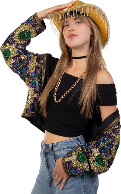 KIMU® Cowboyhoed Goud Strass Steentjes - Zwarte Cowgirl Western Hoed - Cowboy Diamantjes Glitter Dames Foute Party Yellowstone Festival