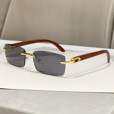 Randloze Zonnebril Voor Heren Dames Houten Patroon Luxe Retro Zonnebril Mode Shades UV400 Reizen Buiten gray