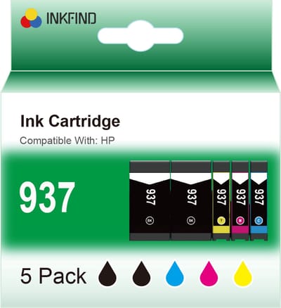 INKFIND 937 Zwart/Zwart/Cyaan/Magenta/Geel inktcartridge compatibel met HP 937 937e 6C400NE 5 Pack geschikt voor HP OfficeJet Pro 9730e 9720e 9122e; 9125e; 9110b; 9135e; 9130b; 9132e; 9120e; 9117b; 9120b - 5-pack Zwart/Zwart/Cyaan/Magenta/Geel