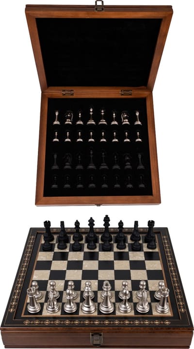 Handgemaakte houten schaakbord met opbergsysteem - Metalen Schaakstukken - Luxe uitgave - Schaakspel - Schaakset - Schaken - Chess - 40 x 40 cm