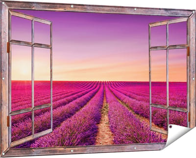Gards Tuinposter Doorkijk Paarse Lavendel Bloemenveld - 150x100 cm - Tuindoek - Tuindecoratie - Wanddecoratie buiten - Tuinschilderij