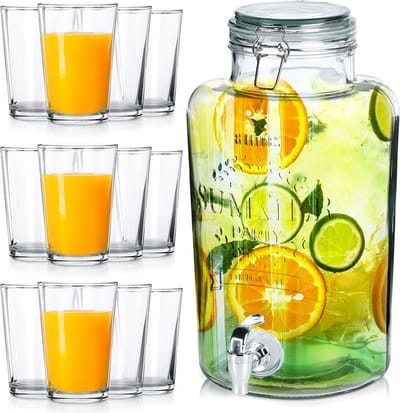 Drankdispenser met Kraan met Glazen 8 l / 200 ml 13 delig - Kraantje - Limonadetap - Drank Dispenser - Limonadedispenser - Kan - Karaffe